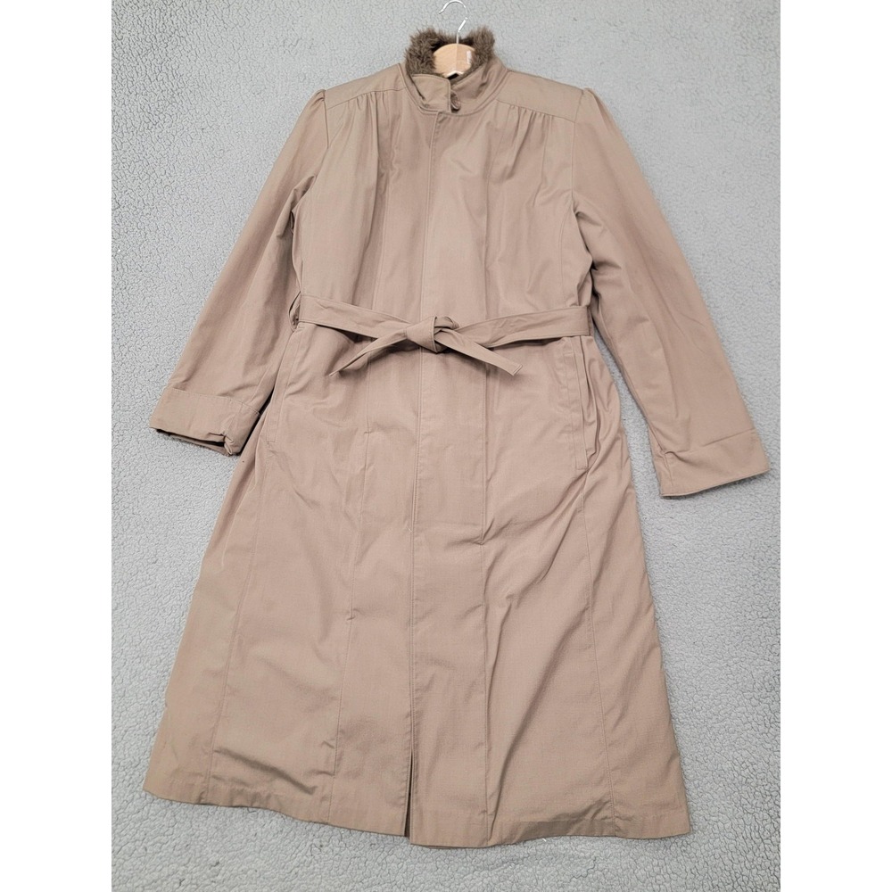 Vintage London Fog Coat Womens 12 Tan Belted‎ Faux Fur Lined Trench 70s